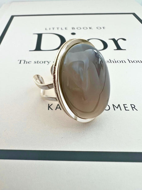 Lyma statement ring met grijze agaat steen - zilver