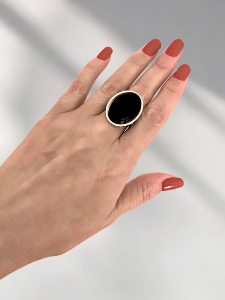 Lyzz statement ring met zwarte agaat steen - zilver