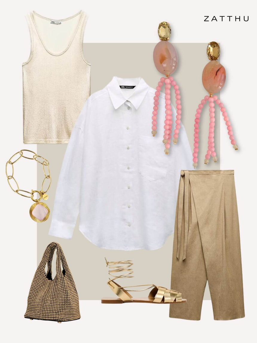 Fashion outfit with white shirt, beige tank top, brown pants, gold sandals, bag, pink agate earrings, and gold bracelet.