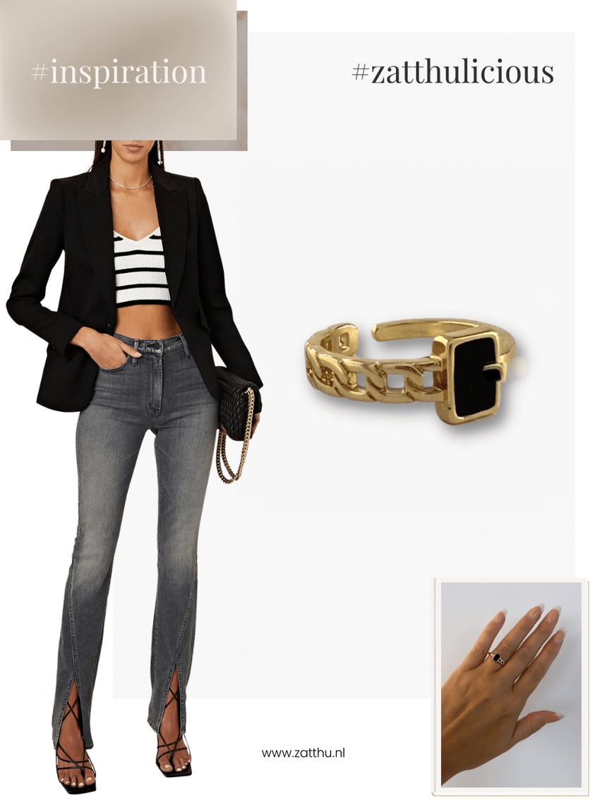 Jann ring met schakels en zwarte steen