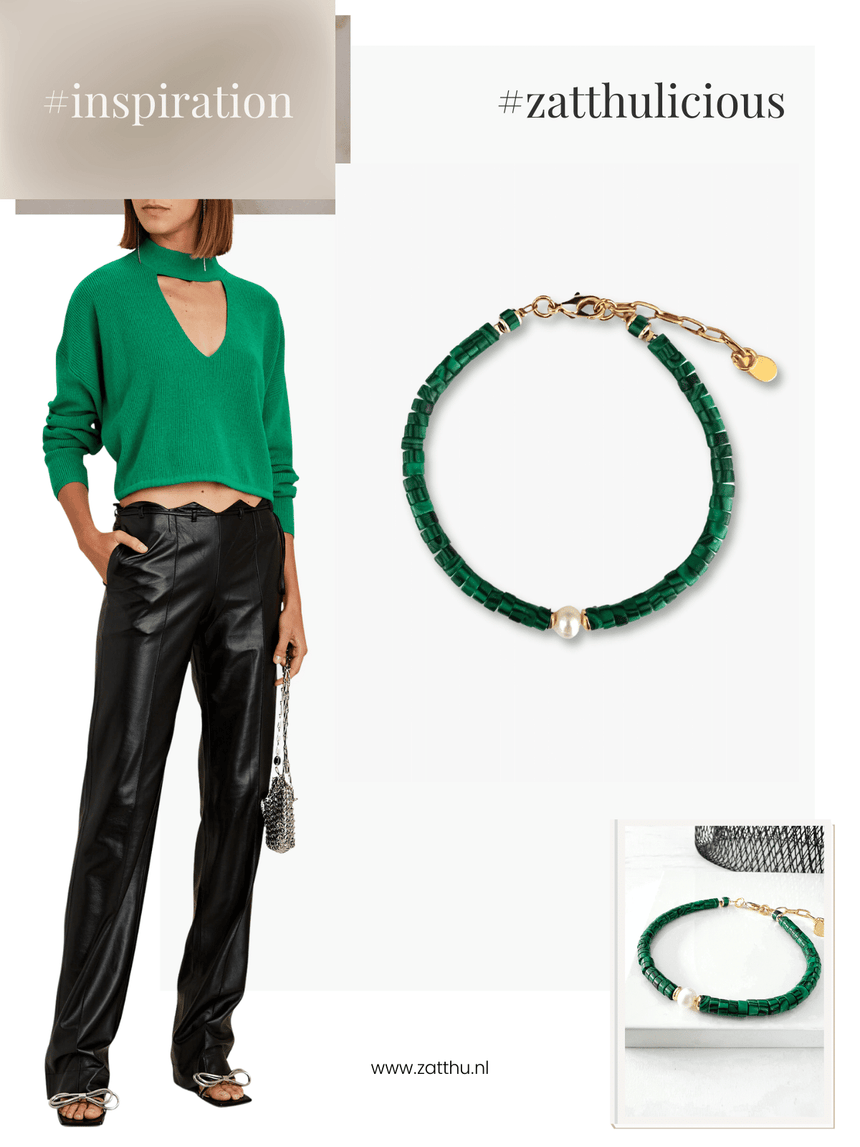 Jela groene kralenarmband met parel