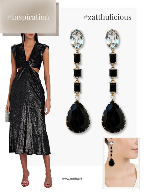 Joek lange statement oorbellen zwart kristal