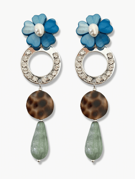 Ivis blauw groene statement oorbellen met bloem