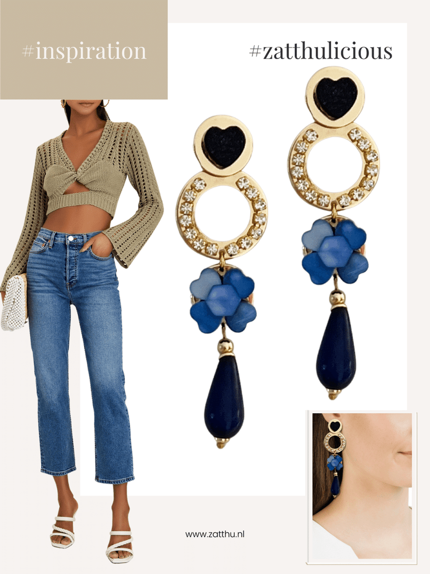 Ivon blauwe statement oorbellen met bloem