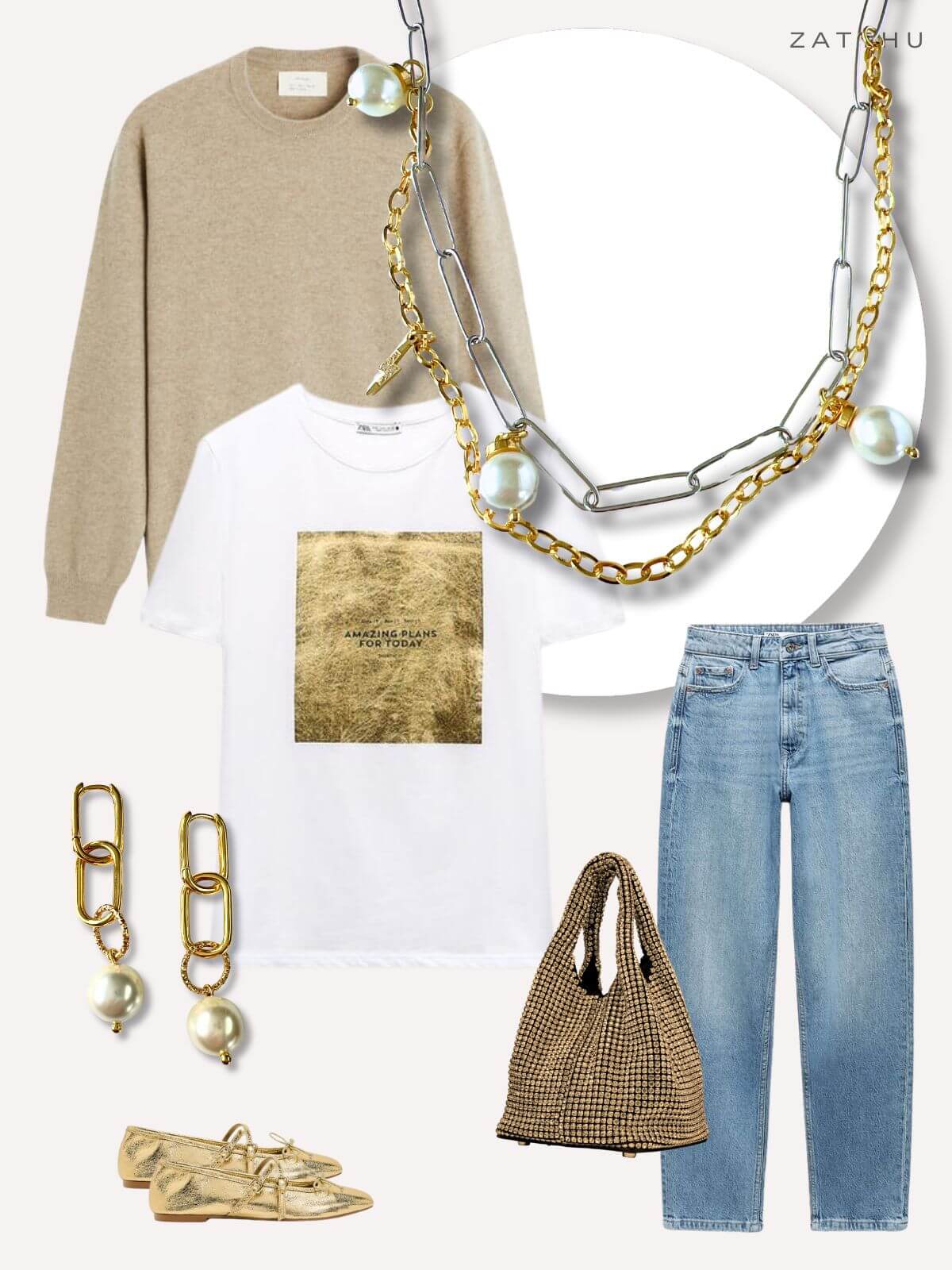 Lune dubbele schakelketting met parels