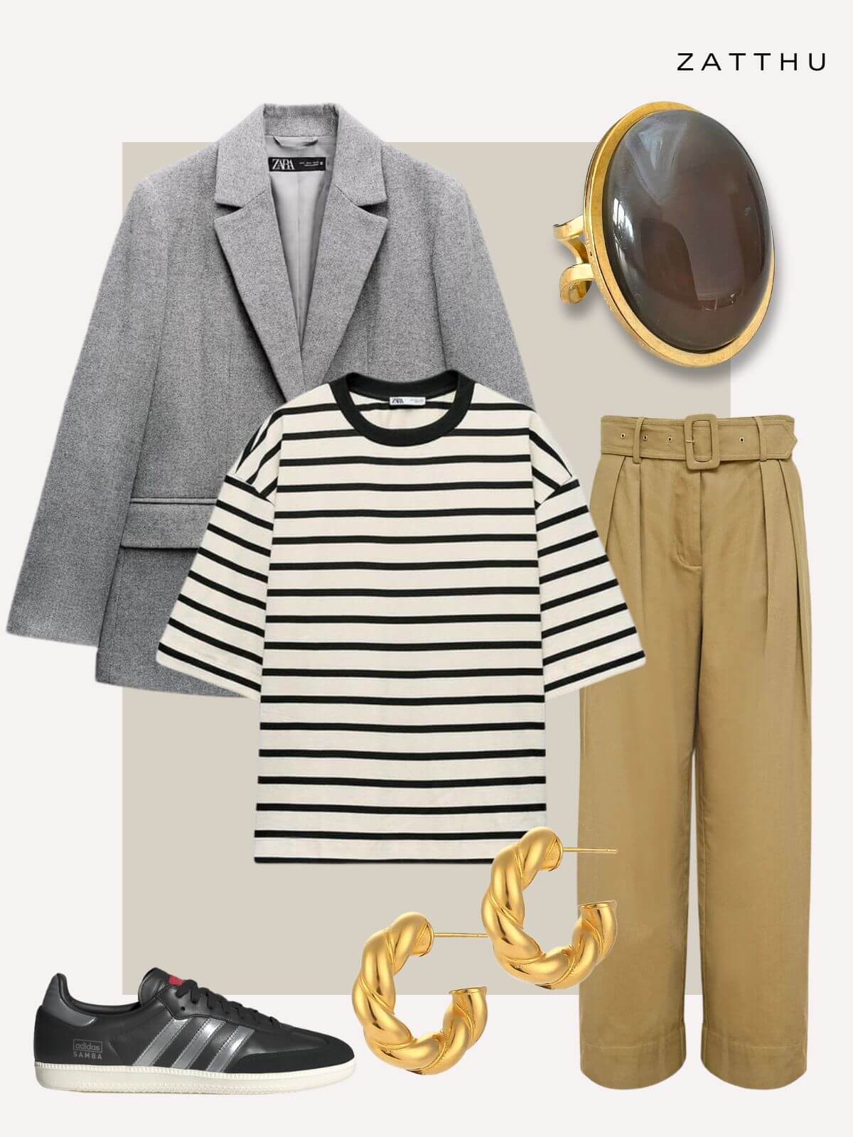 Lyma statement ring met grijze agaat steen - goud