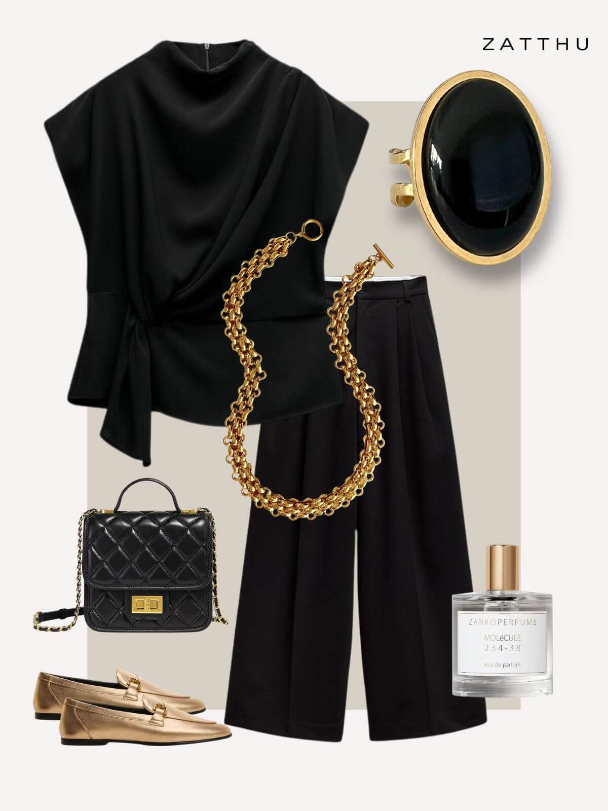 Lyzz statement ring met zwarte agaat steen - goud