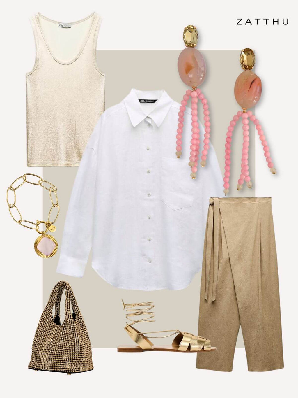 Fashion outfit with white shirt, beige tank top, brown pants, gold sandals, bag, pink agate earrings, and gold bracelet.