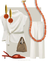 Elegant outfit with Maus Oranje Agaat Kralenketting, cream blouse, white pants, orange heels, brown bag, and orange earrings.