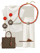 Elegant outfit with white blouse and pants, orange shell necklace, red earrings, geometric handbag, and brown sandals.