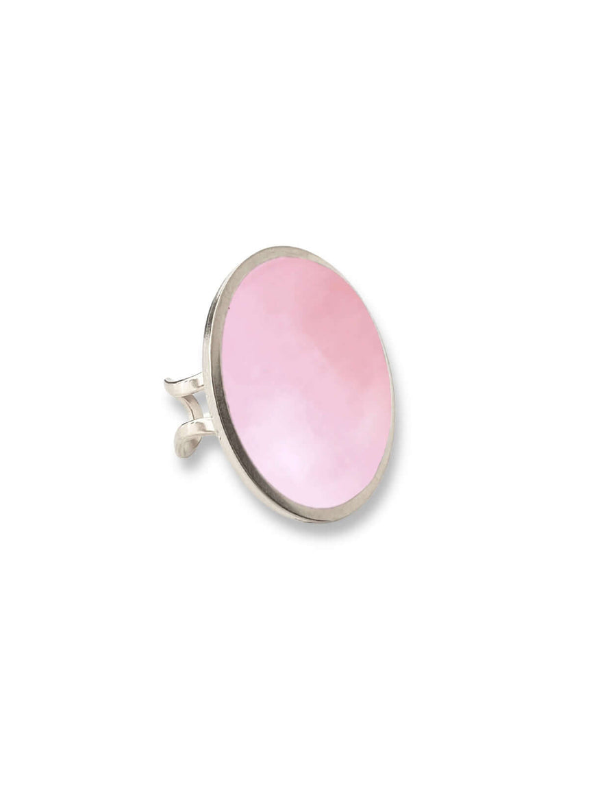 Medy statement ring met roze agaat steen in zilver, verfijnde en tijdloze elegante ring staal.