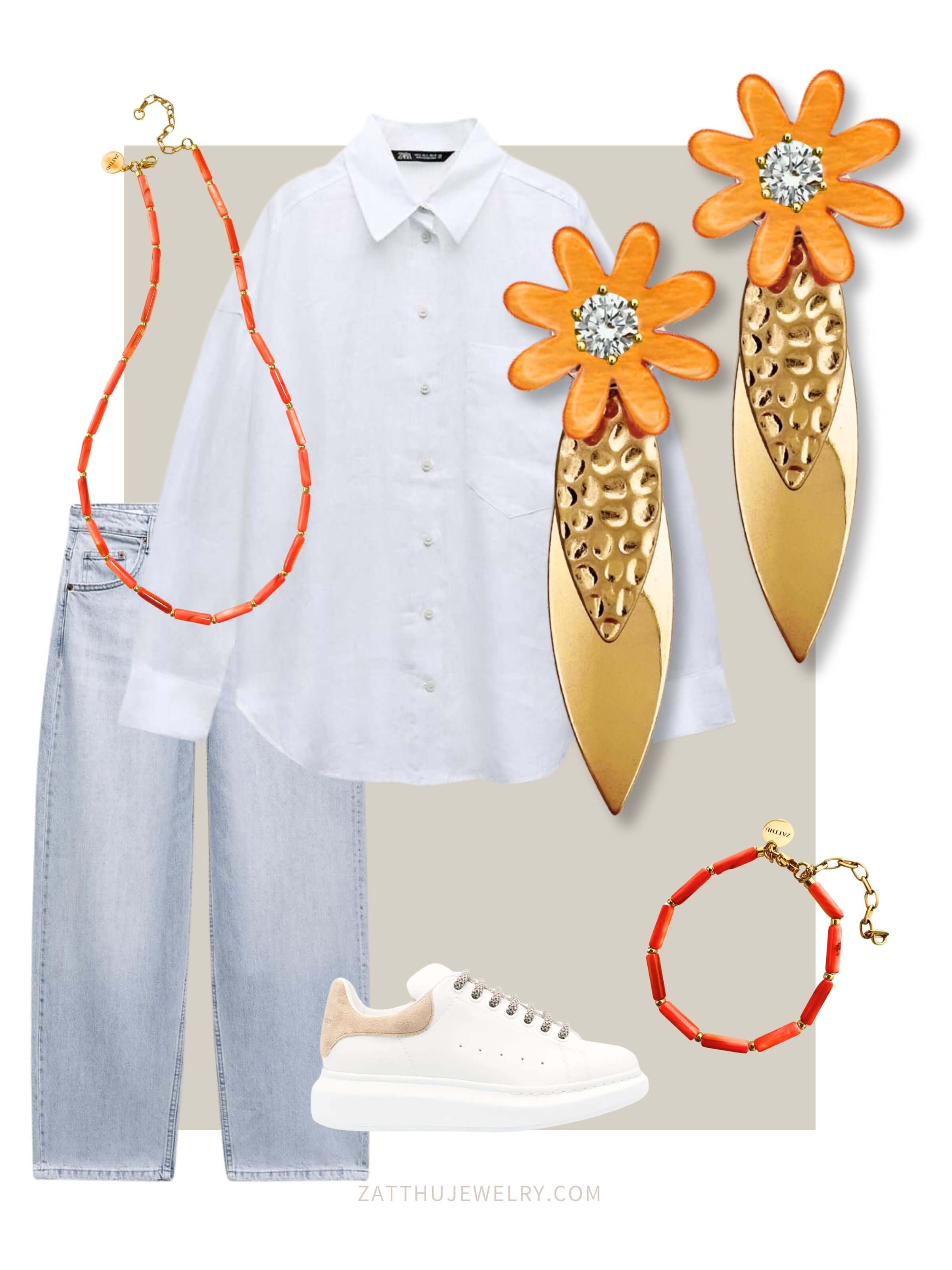 Outfit inspiratie met witte blouse, lichtblauwe jeans, witte sneakers en Meef oranje statement oorbellen met bloem, oranje ketting en armband.
