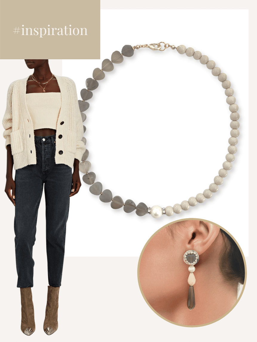 Heia grijs beige hart ketting met halfedelsteen