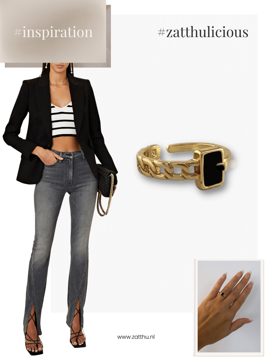 Jann ring met schakels en zwarte steen