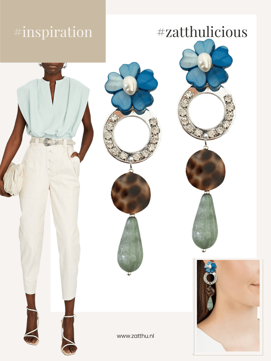 Ivis blauw groene statement oorbellen met bloem